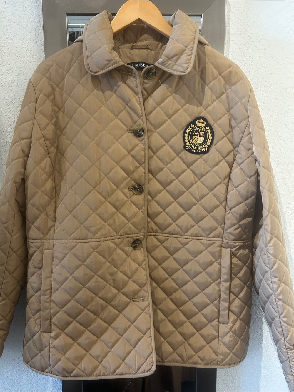 Lauren Ralph Lauren Quilted Beige Utility Jacket with Crest Patch